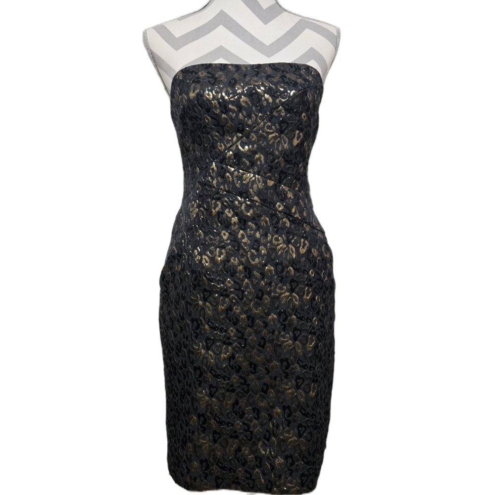MICHAEL MICHAEL KORS Animal Print Mini Dress Black Gold Strapless Size 6